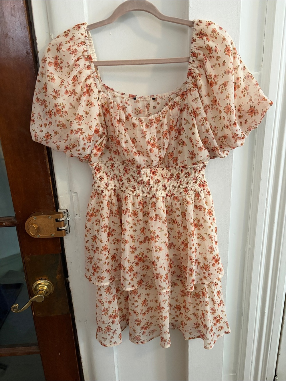 Cream Floral Puff-Sleeve Tiered Dress